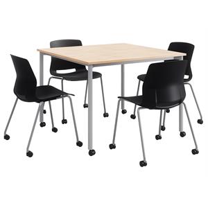 KFI Dailey 42in Square Dining Set - Natural Table - Black Chairs w/Casters