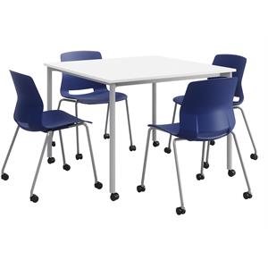 KFI Dailey 42in Square Dining Set - White/Silver Table - Navy Chairs w/Casters