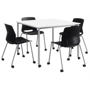 KFI Dailey 42in Square Dining Set - White/Silver Table - Black Chairs w/Casters