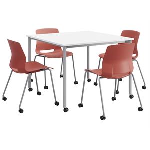 KFI Dailey 42in Square Dining Set - White/Silver Table - Coral Chairs w/Casters