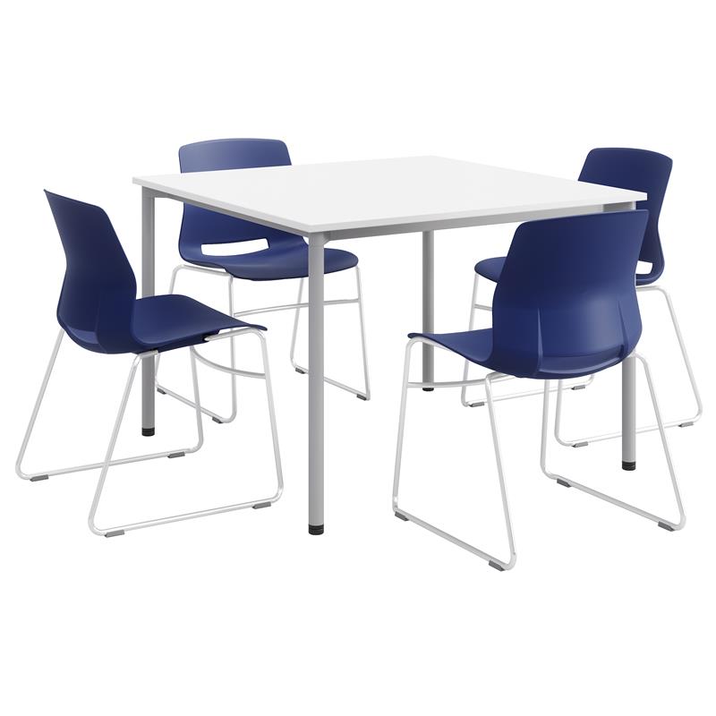 KFI Dailey 42in Square Dining Set - White/Silver Table - Navy Sled Chairs