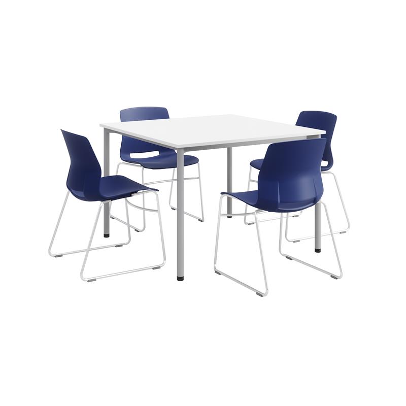 KFI Dailey 42in Square Dining Set - White/Silver Table - Navy Sled Chairs