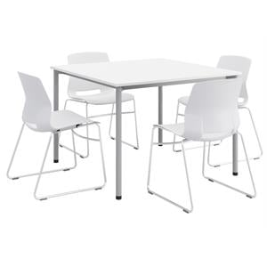 KFI Dailey 42in Square Dining Set - White/Silver Table - White Sled Chairs