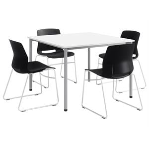 KFI Dailey 42in Square Dining Set - White/Silver Table - Black Sled Chairs