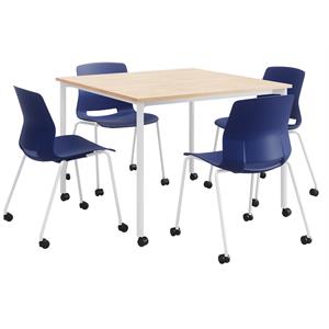 KFI Dailey 42in Square Dining Set - Natural/White Table - Navy Chairs w/Casters
