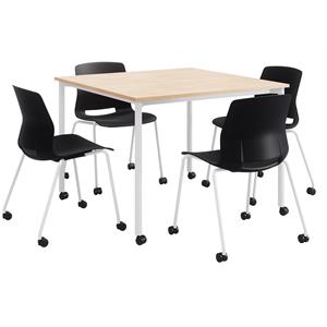 KFI Dailey 42in Square Dining Set - Natural/White Table - Black Chairs w/Casters