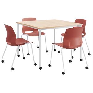KFI Dailey 42in Square Dining Set - Natural/White Table - Coral Chairs w/Casters