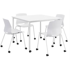 KFI Dailey 42in Square Dining Set - White Table - White Chairs w/Casters