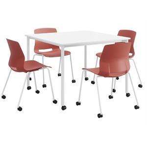 KFI Dailey 42in Square Dining Set - White Table - Coral Chairs w/Casters
