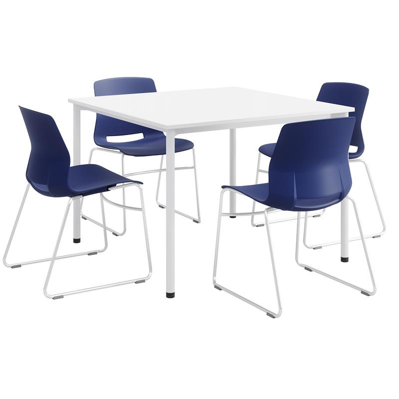 KFI Dailey 42in Square Dining Set - White Table - Navy Sled Chairs