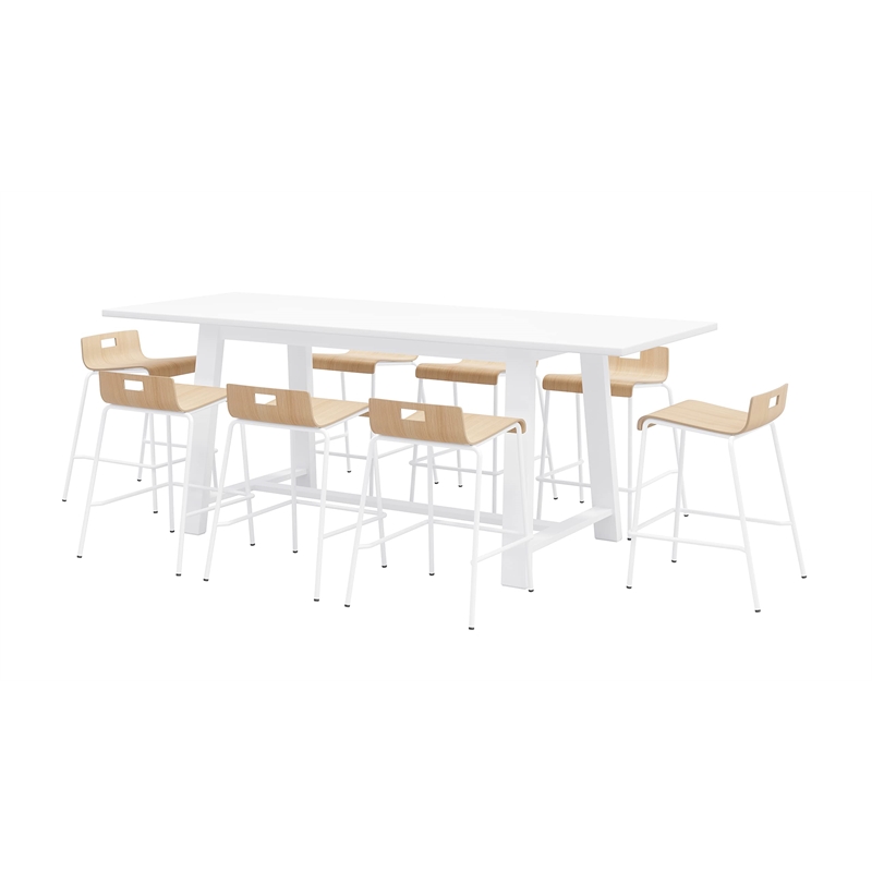 KFI Studios Midtown Table and 8 Counter Stools Set in Natural/White