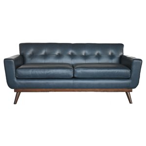 lea unlimited alayna mid-century leather & plywood loveseat in navy blue