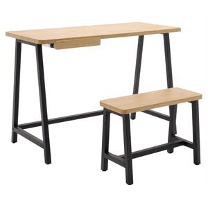 Calico Designs 2-Piece Metal Writing Desk and Bench with Pencil Drawer in Ash