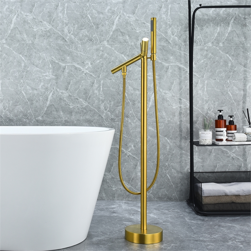 Brulon Double Handle Floor Mounted Tub Filler with Handshower in Brushed Gold