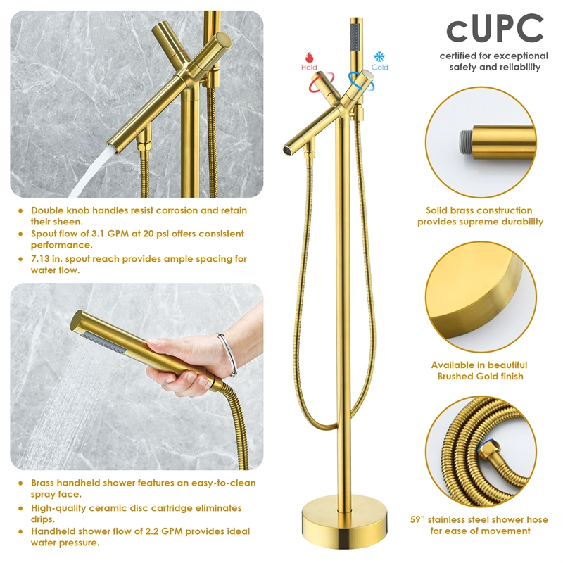 Brulon Double Handle Floor Mounted Tub Filler with Handshower in Brushed Gold