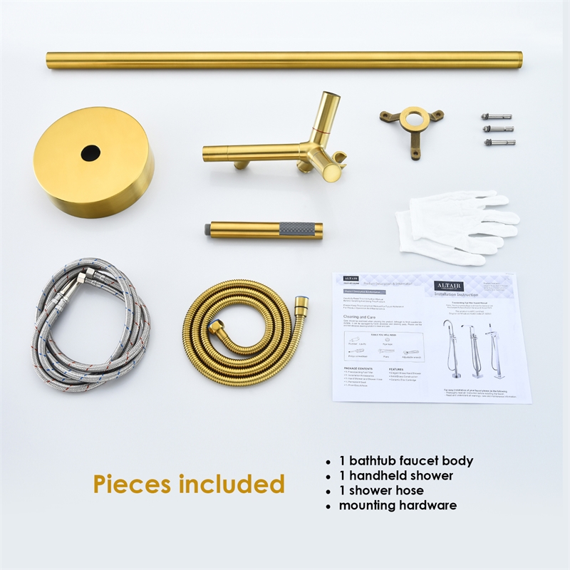 Brulon Double Handle Floor Mounted Tub Filler with Handshower in Brushed Gold