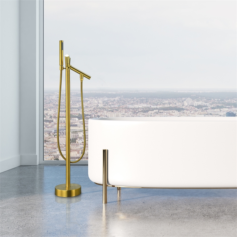 Brulon Double Handle Floor Mounted Tub Filler with Handshower in Brushed Gold