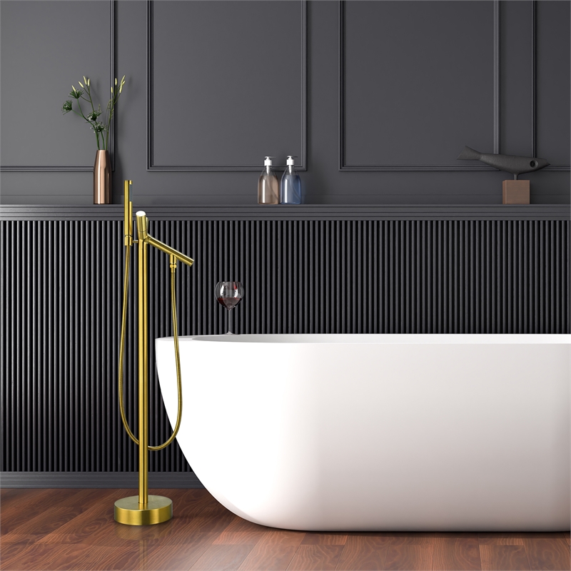 Brulon Double Handle Floor Mounted Tub Filler with Handshower in Brushed Gold