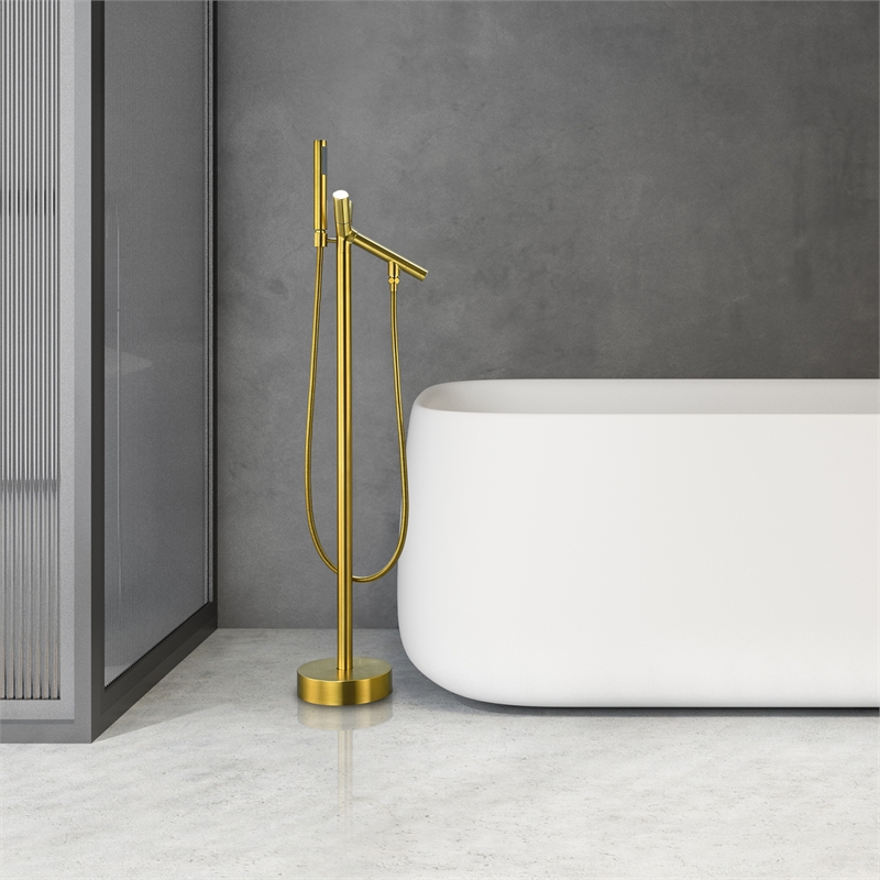 Brulon Double Handle Floor Mounted Tub Filler with Handshower in Brushed Gold
