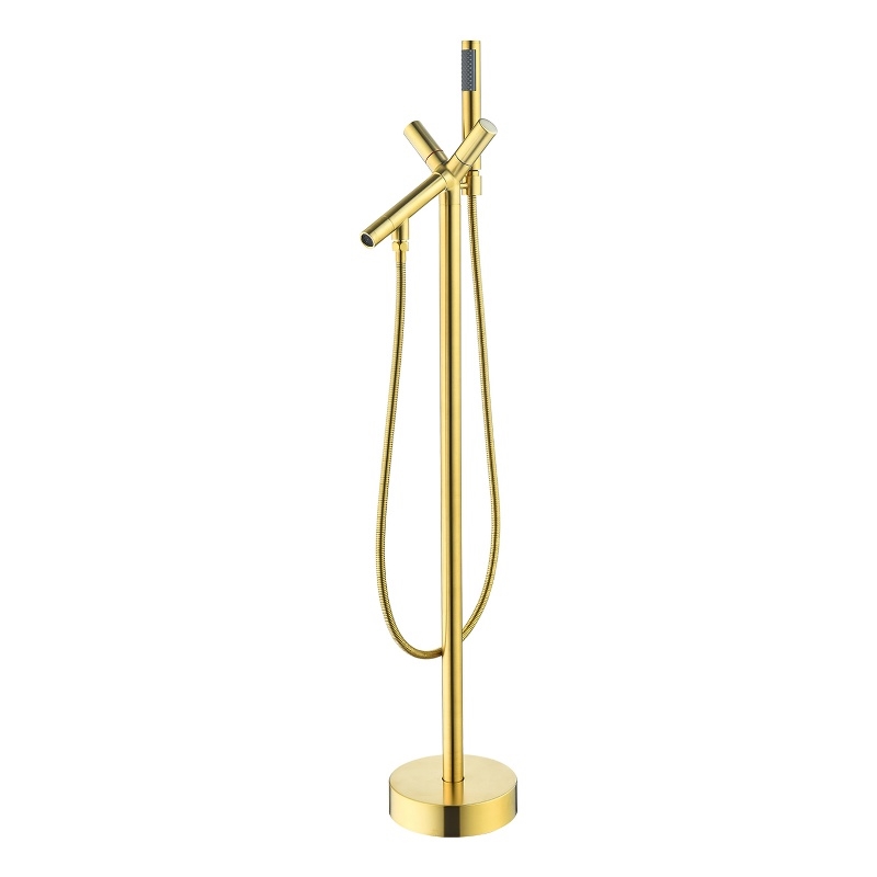 Brulon Double Handle Floor Mounted Tub Filler with Handshower in Brushed Gold