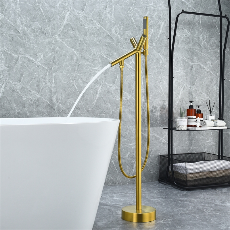 Brulon Double Handle Floor Mounted Tub Filler with Handshower in Brushed Gold