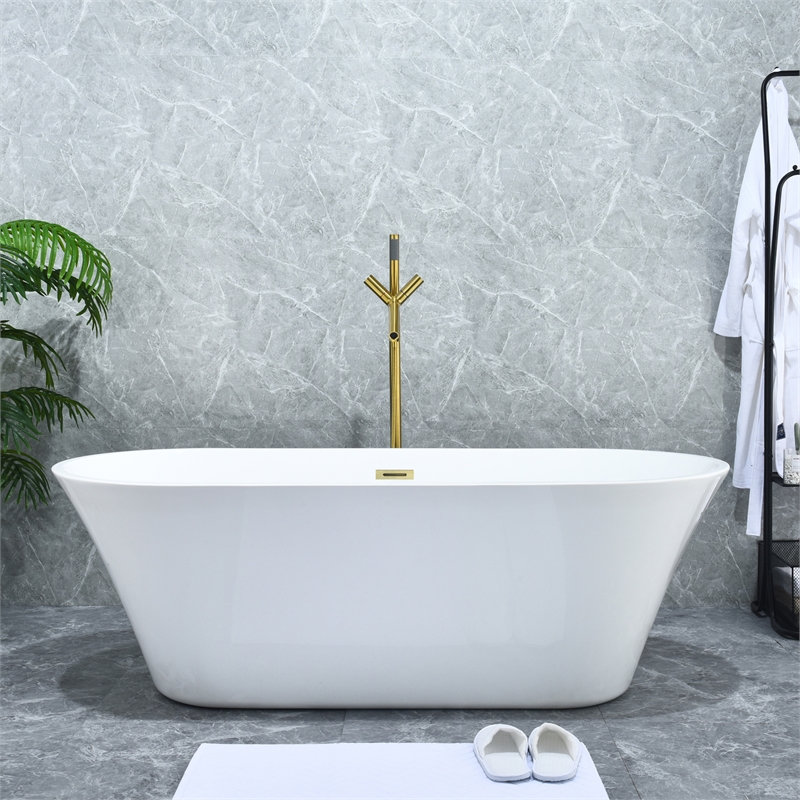 Brulon Double Handle Floor Mounted Tub Filler with Handshower in Brushed Gold