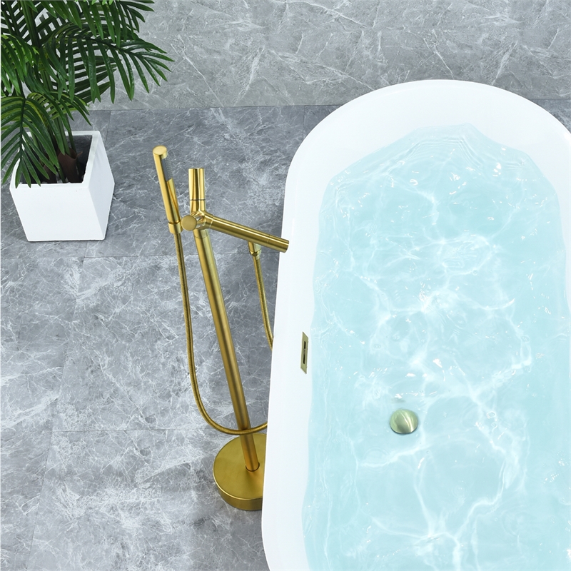Brulon Double Handle Floor Mounted Tub Filler with Handshower in Brushed Gold