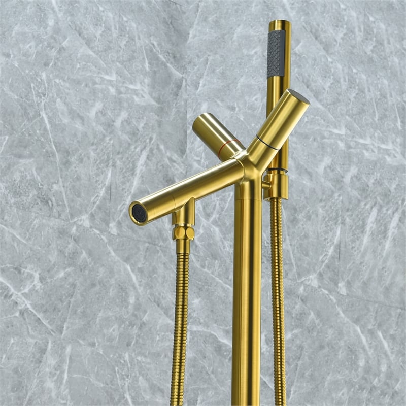 Brulon Double Handle Floor Mounted Tub Filler with Handshower in Brushed Gold