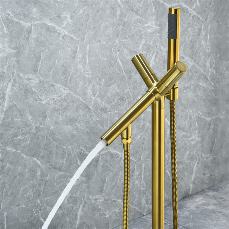 Brulon Double Handle Floor Mounted Tub Filler with Handshower in Brushed Gold