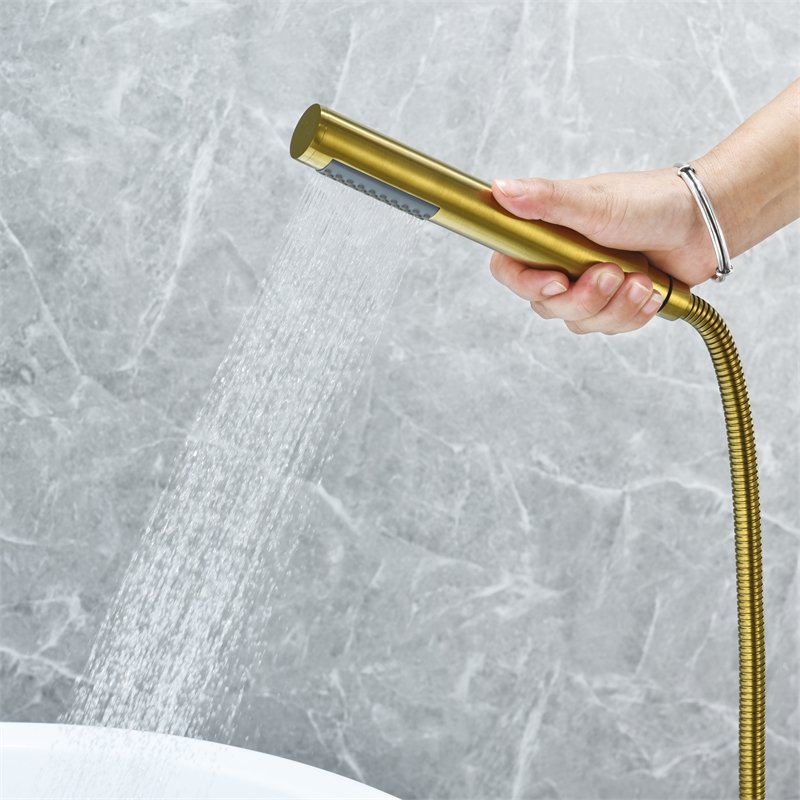 Brulon Double Handle Floor Mounted Tub Filler with Handshower in Brushed Gold