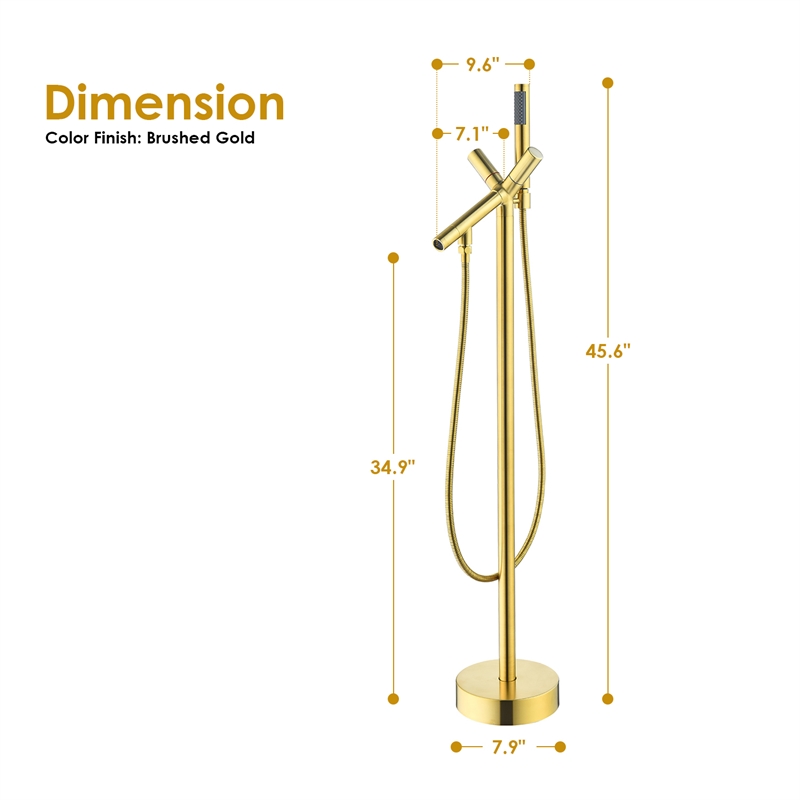 Brulon Double Handle Floor Mounted Tub Filler with Handshower in Brushed Gold