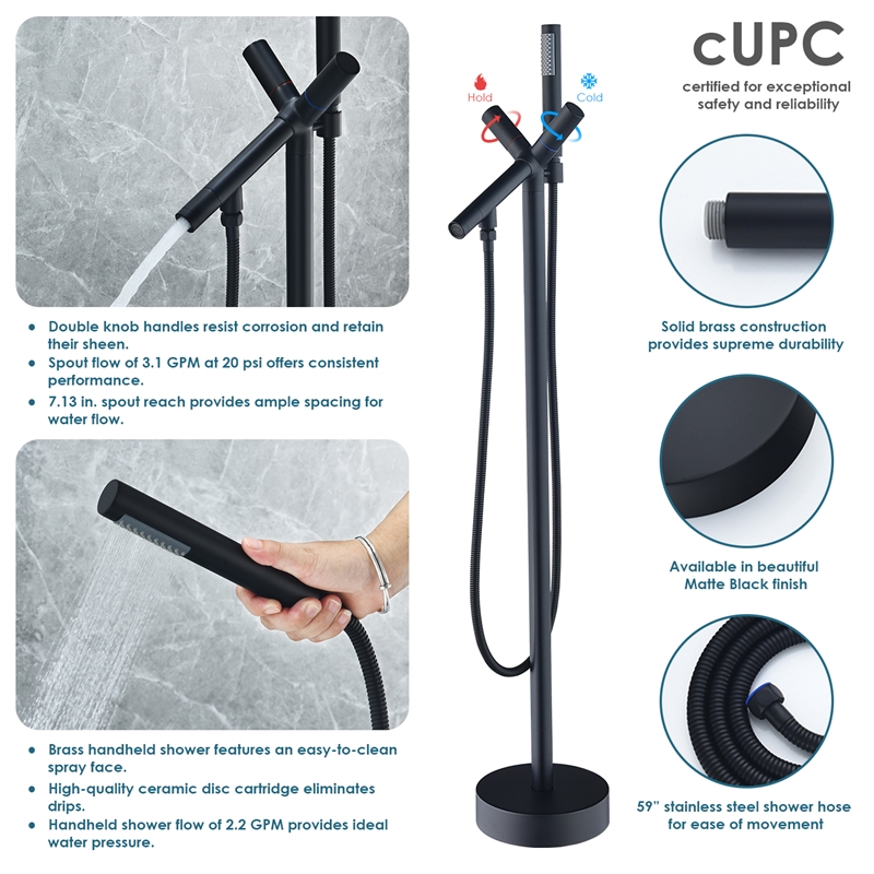 Brulon Double Handle Floor Mounted Tub Filler with Handshower in Matte Black