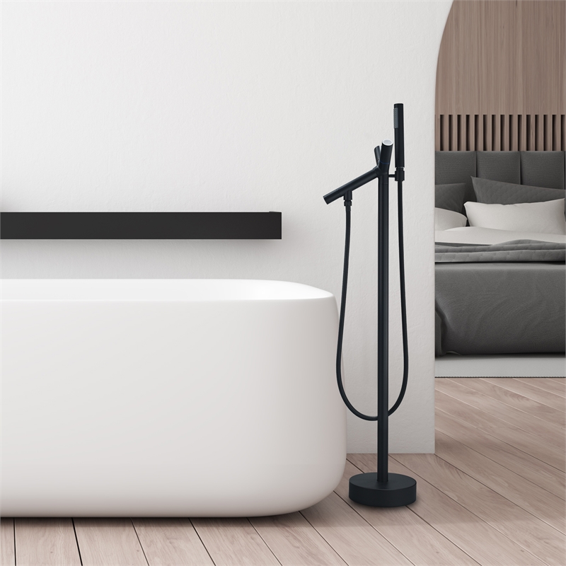 Brulon Double Handle Floor Mounted Tub Filler with Handshower in Matte Black