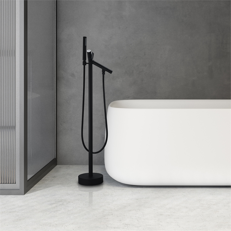 Brulon Double Handle Floor Mounted Tub Filler with Handshower in Matte Black