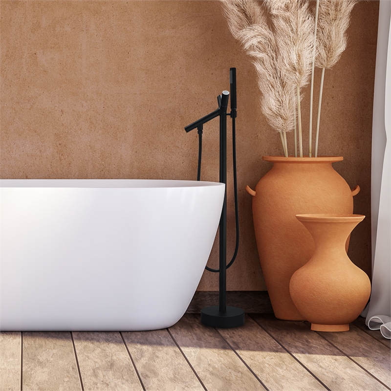 Brulon Double Handle Floor Mounted Tub Filler with Handshower in Matte Black