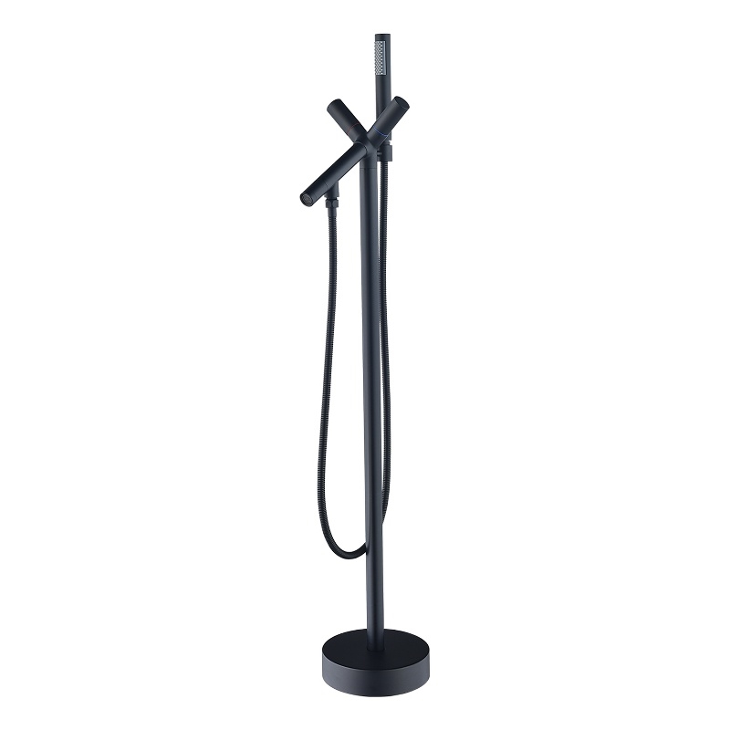 Brulon Double Handle Floor Mounted Tub Filler with Handshower in Matte Black