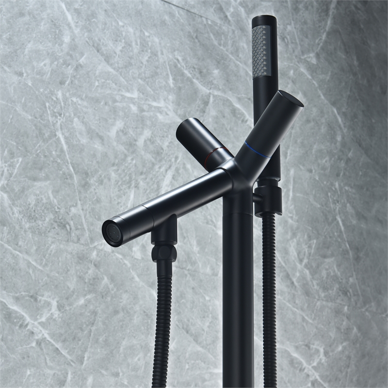 Brulon Double Handle Floor Mounted Tub Filler with Handshower in Matte Black