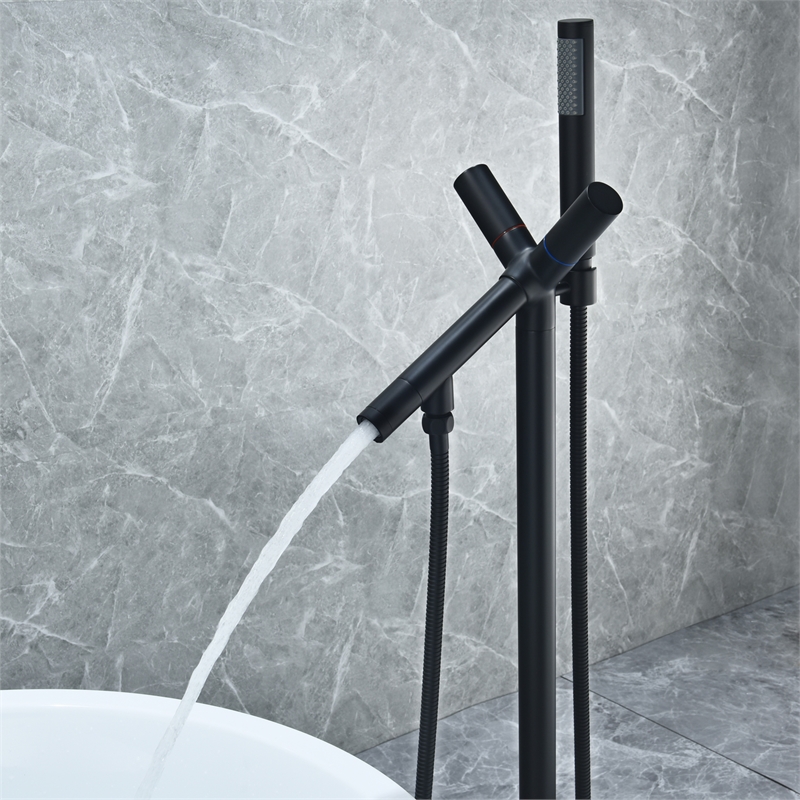 Brulon Double Handle Floor Mounted Tub Filler with Handshower in Matte Black