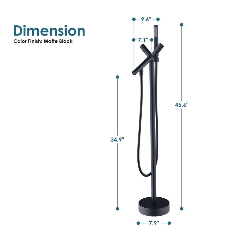 Brulon Double Handle Floor Mounted Tub Filler with Handshower in Matte Black