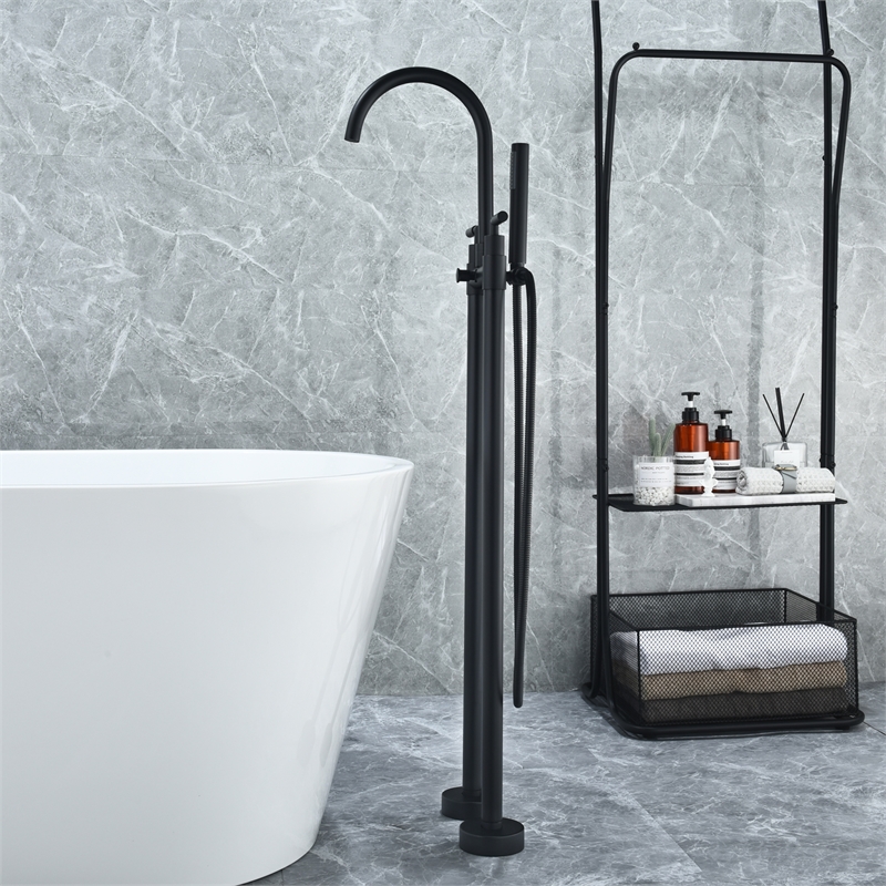 Gnosall Double Handle Floor Mounted Tub Filler with Handshower in Matte Black