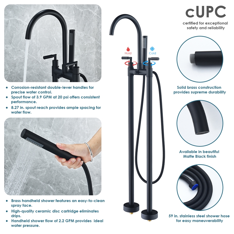 Gnosall Double Handle Floor Mounted Tub Filler with Handshower in Matte Black