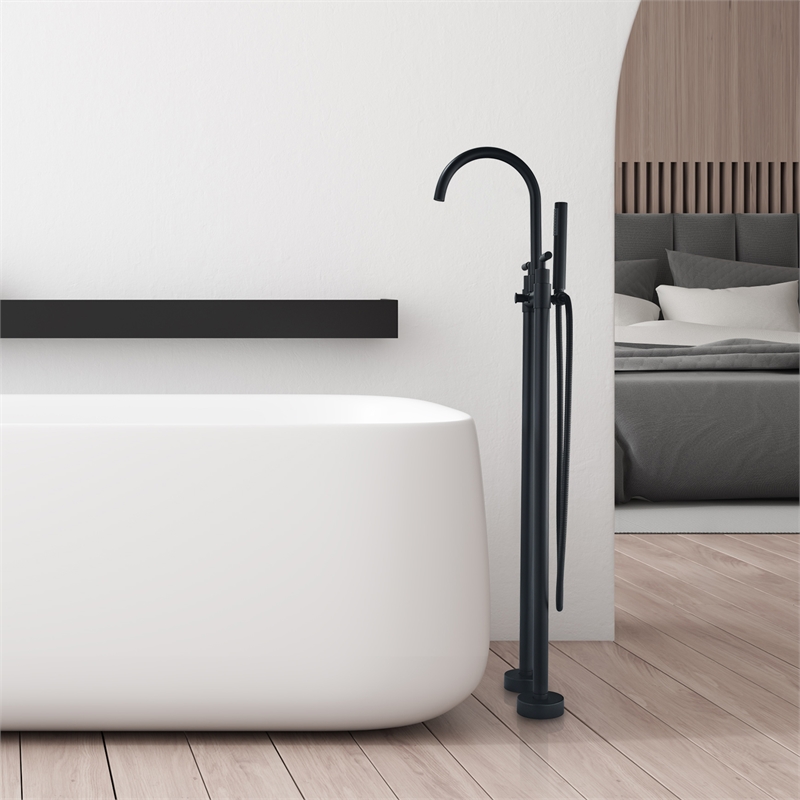 Gnosall Double Handle Floor Mounted Tub Filler with Handshower in Matte Black