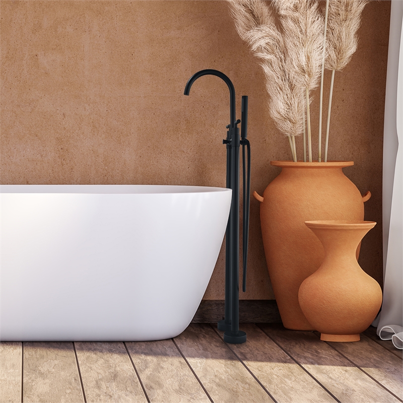 Gnosall Double Handle Floor Mounted Tub Filler with Handshower in Matte Black