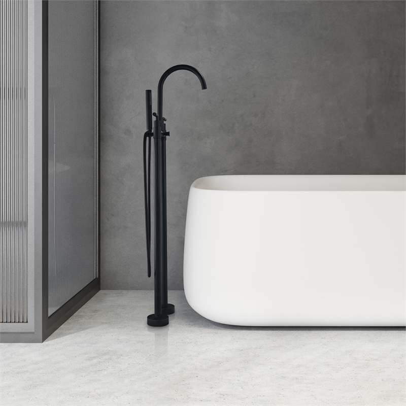 Gnosall Double Handle Floor Mounted Tub Filler with Handshower in Matte Black