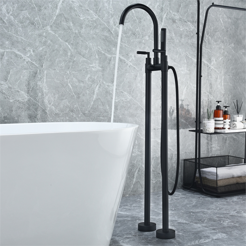 Gnosall Double Handle Floor Mounted Tub Filler with Handshower in Matte Black