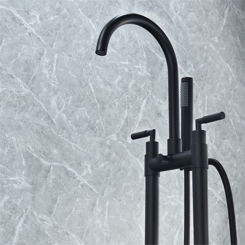 Gnosall Double Handle Floor Mounted Tub Filler with Handshower in Matte Black