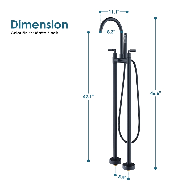 Gnosall Double Handle Floor Mounted Tub Filler with Handshower in Matte Black