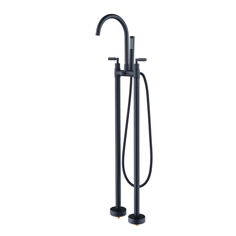Gnosall Double Handle Floor Mounted Tub Filler with Handshower in Matte Black