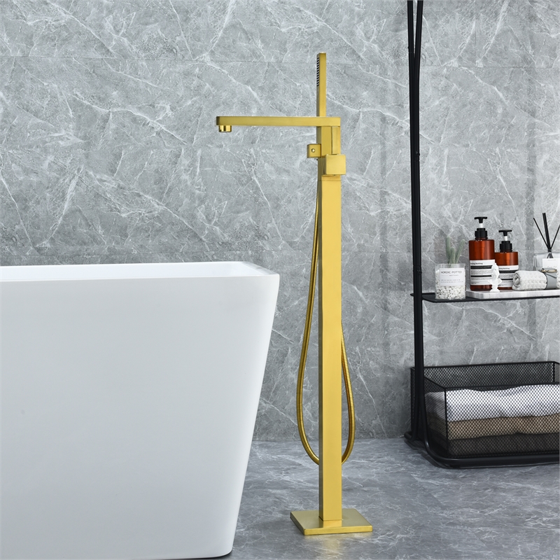Campia Single Handle Floor Mounted Tub Filler with Handshower in Brushed Gold