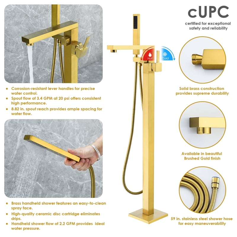 Campia Single Handle Floor Mounted Tub Filler with Handshower in Brushed Gold